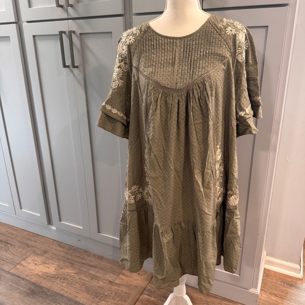 FESTI Olive Green Embroidered Dobby Mini Dress Cotton Linen Boho Size 0 - Large